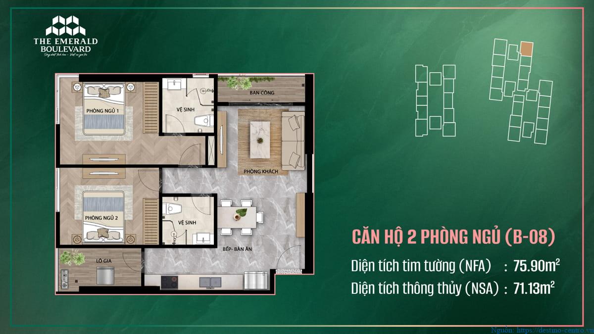 Bản thiết kế căn hộ 2 phòng ngủ B-08 The Emerald Boulevard