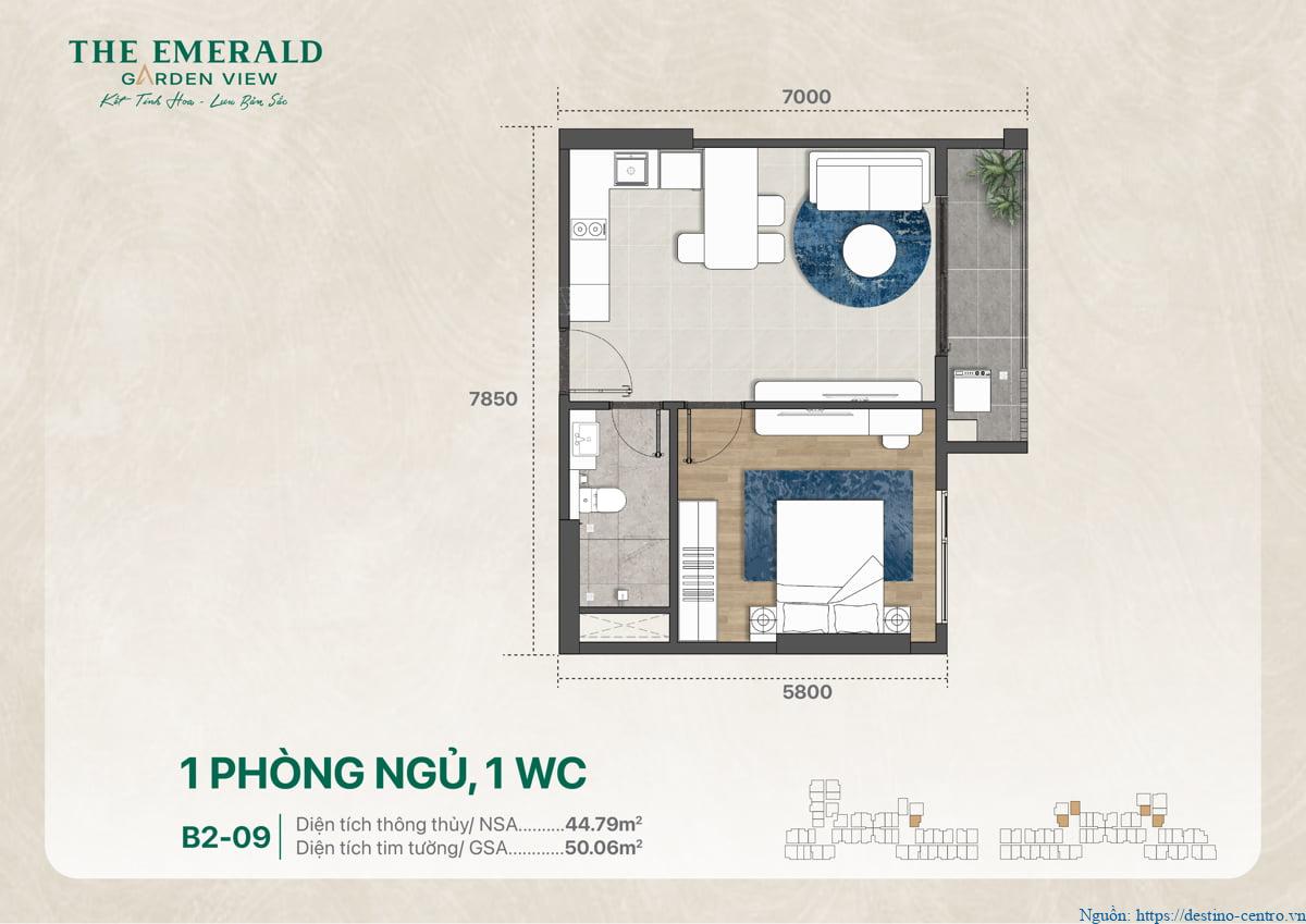 Bản vẽ căn hộ 1 phòng ngủ 1 WC B2-09 diện tích 50 m2, thể hiện bố cục và kích thước chi tiết