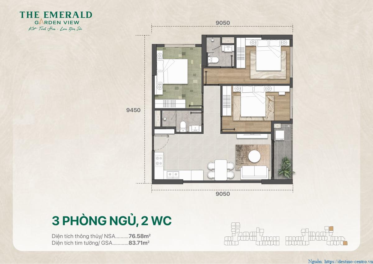 Bản vẽ mặt bằng thiết kế căn hộ ba phòng ngủ hai WC, tổng diện tích 83 m2, thể hiện bố trí không gian