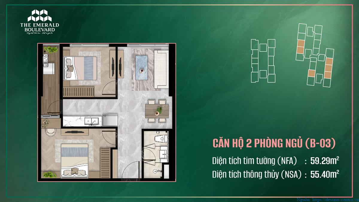 Bố cục căn hộ B-03, 2 phòng ngủ tại The Emerald Boulevard, phương án thiết kế nội thất chi tiết