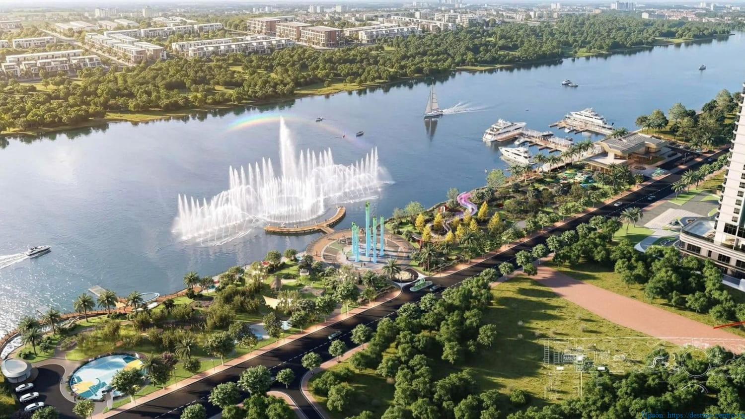Cận cảnh quảng trường nhạc nước và bến du thuyền ven sông The Emerald River Park