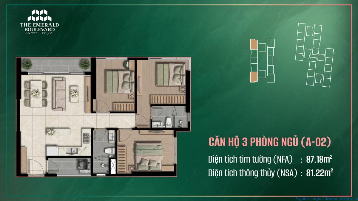 Căn hộ 3PN A-02 thiết kế dự án The Emerald Boulevard