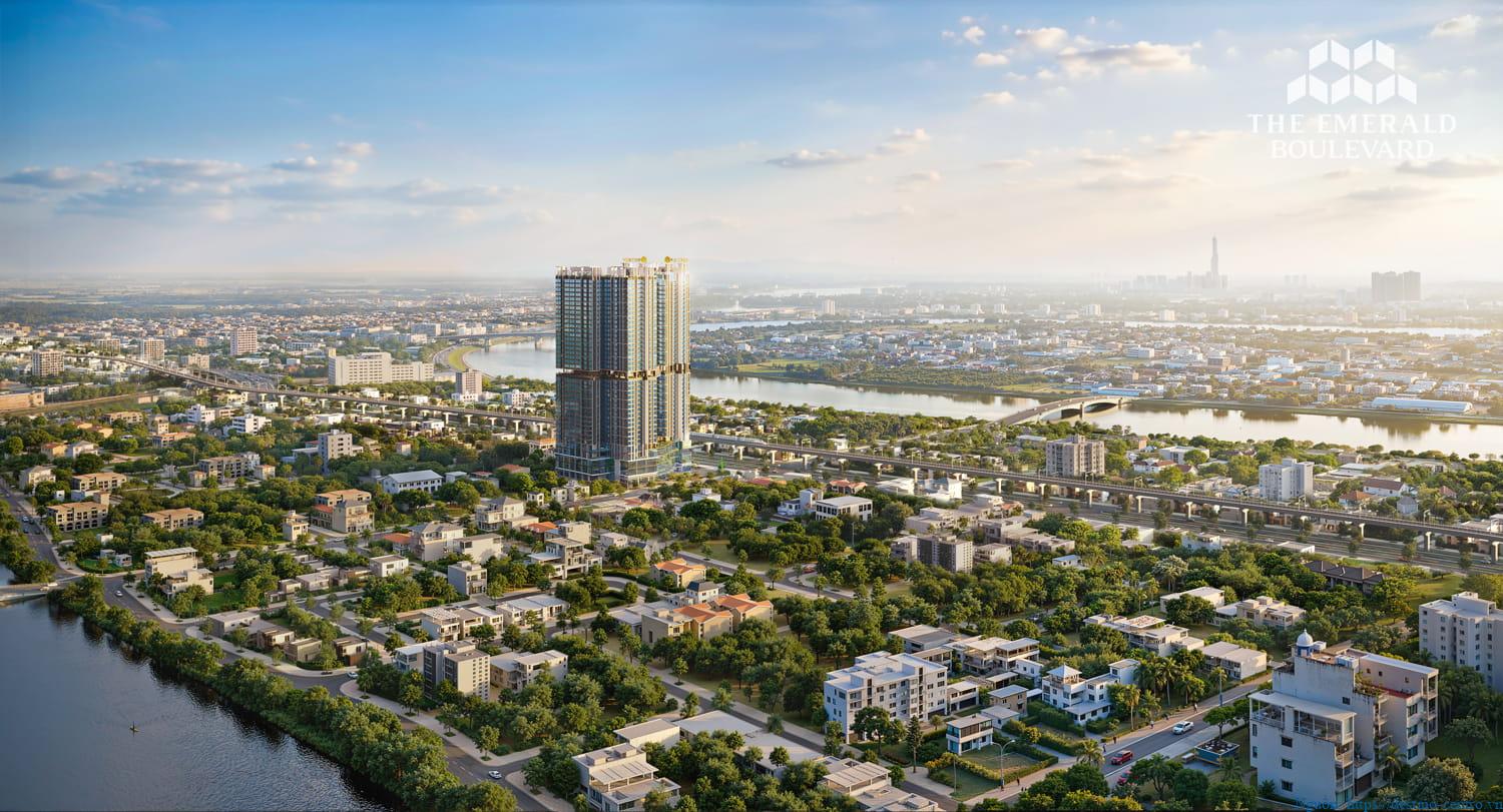 Góc nhìn của The Emerald Boulevard thể hiện dự án có bốn mặt tiếp giáp sông, với tầm nhìn sông bao quanh toàn bộ khuôn viên