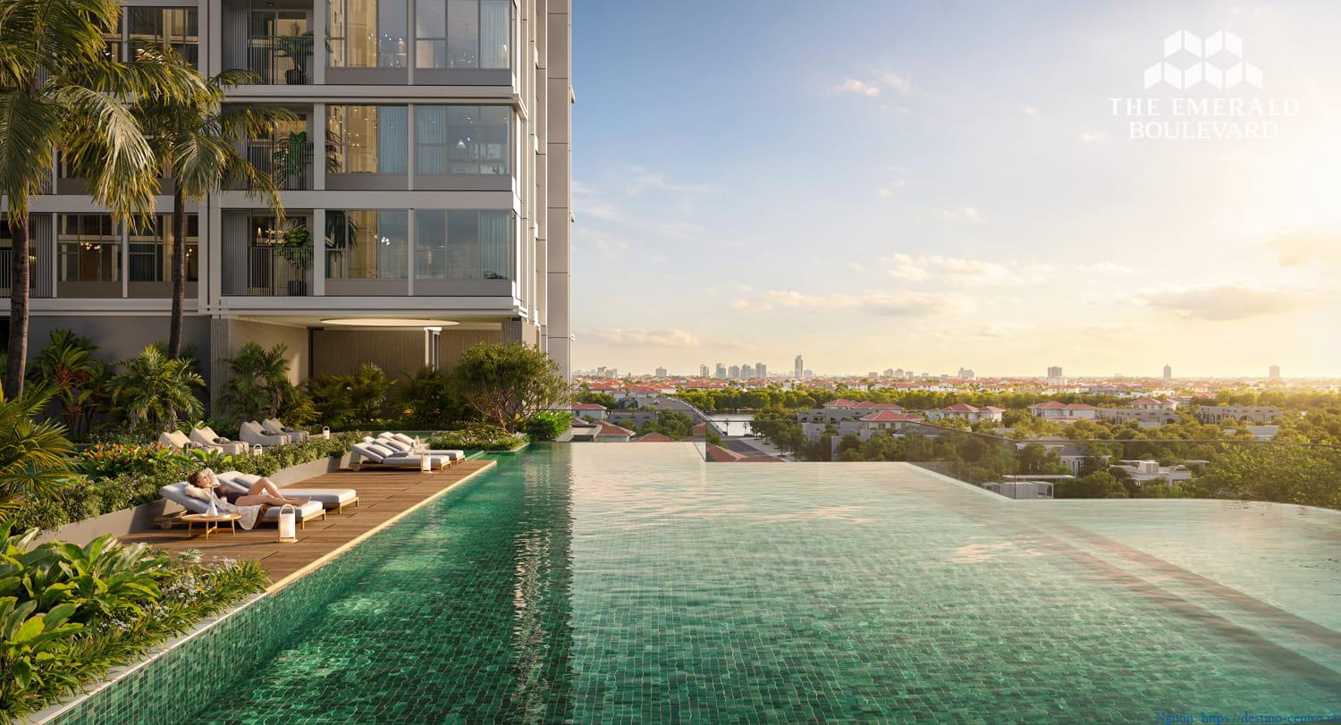 Hồ bơi tràn trên tầng 5 The Emerald Boulevard, tầm nhìn rộng mở hướng ra khung cảnh đô thị