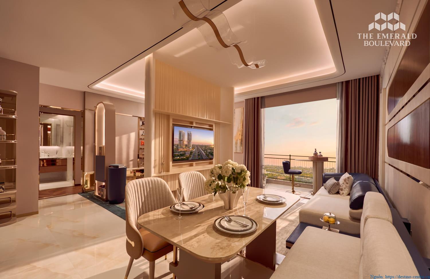 Không gian phòng khách căn hộ mẫu 2 phòng ngủ thuộc dự án The Emerald Boulevard
