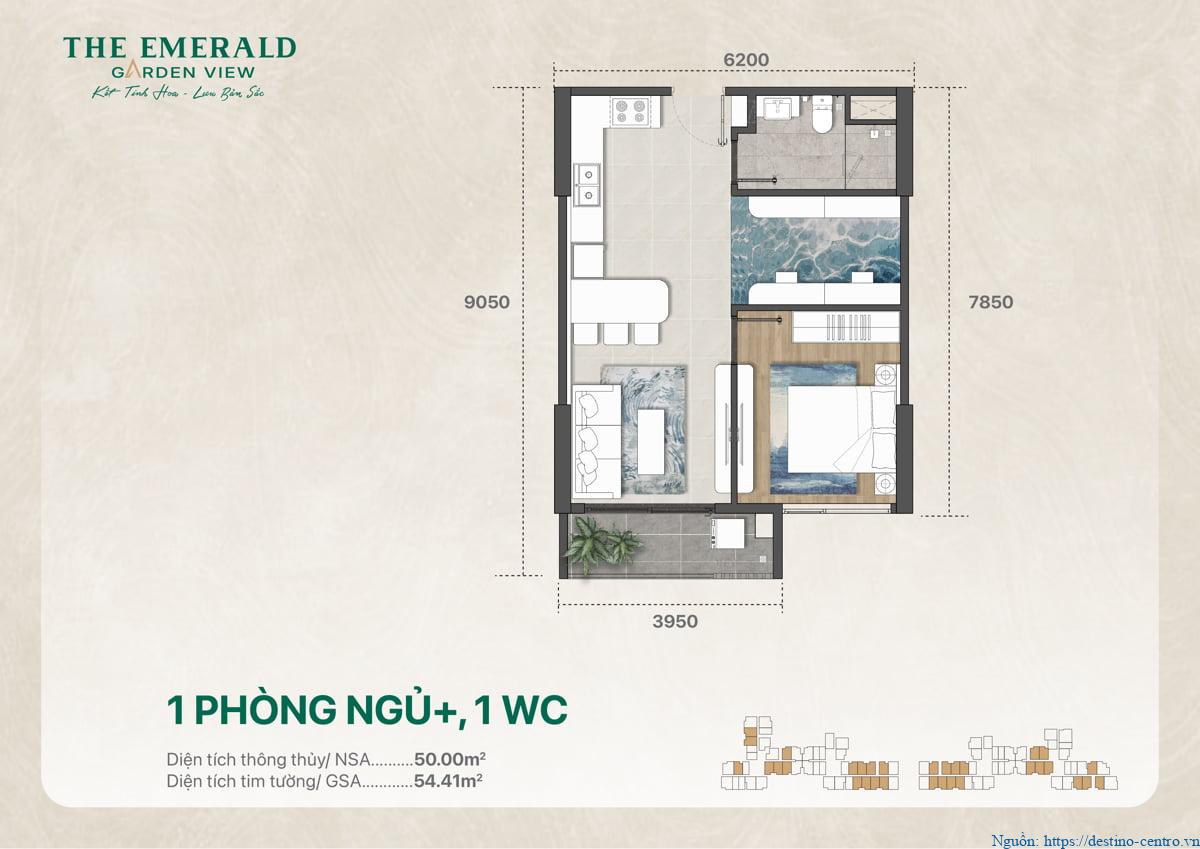 Mặt bằng căn 1PN Plus 1 phòng ngủ kèm 1 WC diện tích 54 m2