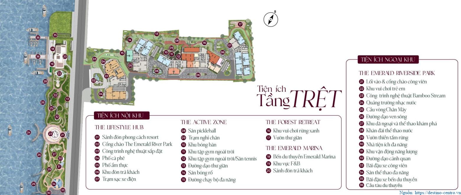 Mặt bằng chi tiết các khu tiện ích tại tầng trệt của The Emerald River Park