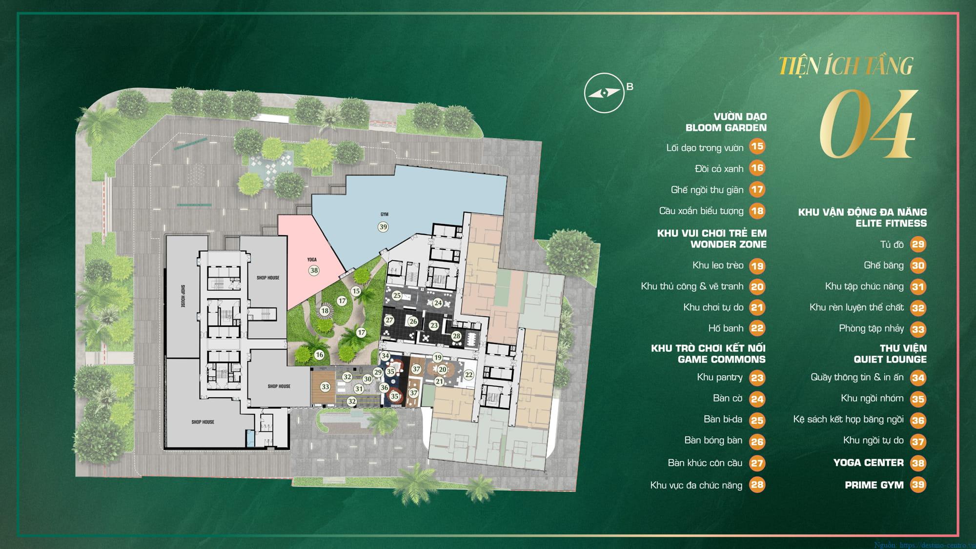 Mặt bằng chi tiết thể hiện bố trí tiện ích tầng 4 dự án The Emerald Boulevard, nêu vị trí từng khu vực