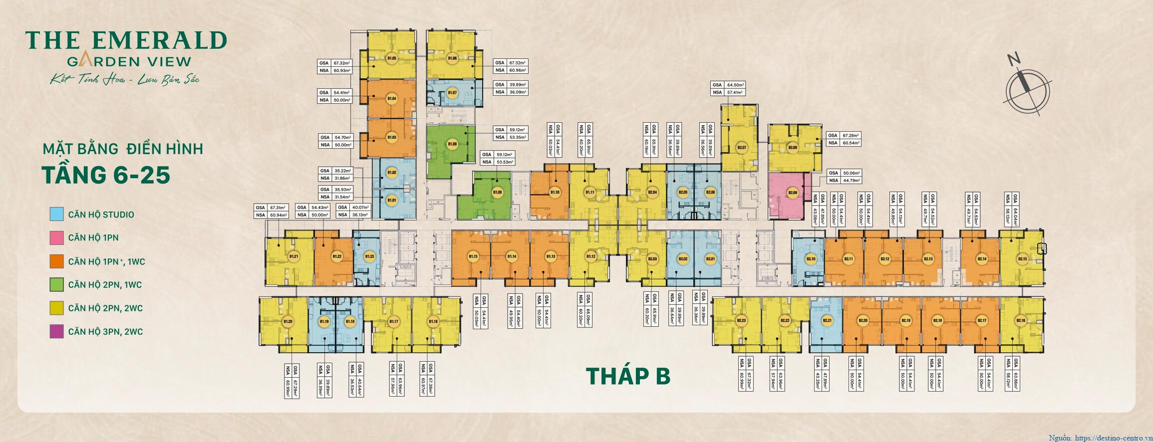Mặt bằng điển hình Tháp B The Emerald Garden View tầng 6–25 trình bày vị trí, mã căn và diện tích từng loại căn hộ