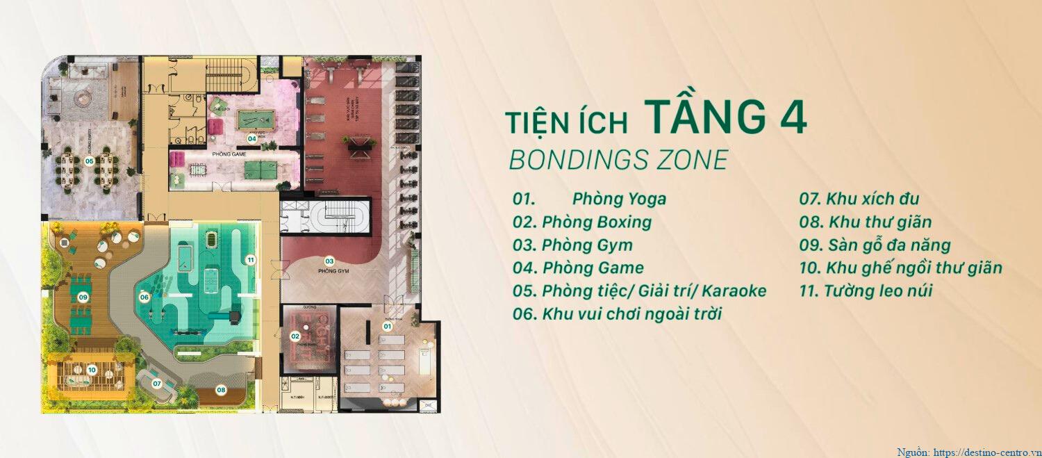 Mặt bằng tầng 4 The Emerald Garden View với 11 tiện ích gồm khu yoga, boxing, phòng gym, khu giải trí và vách leo núi