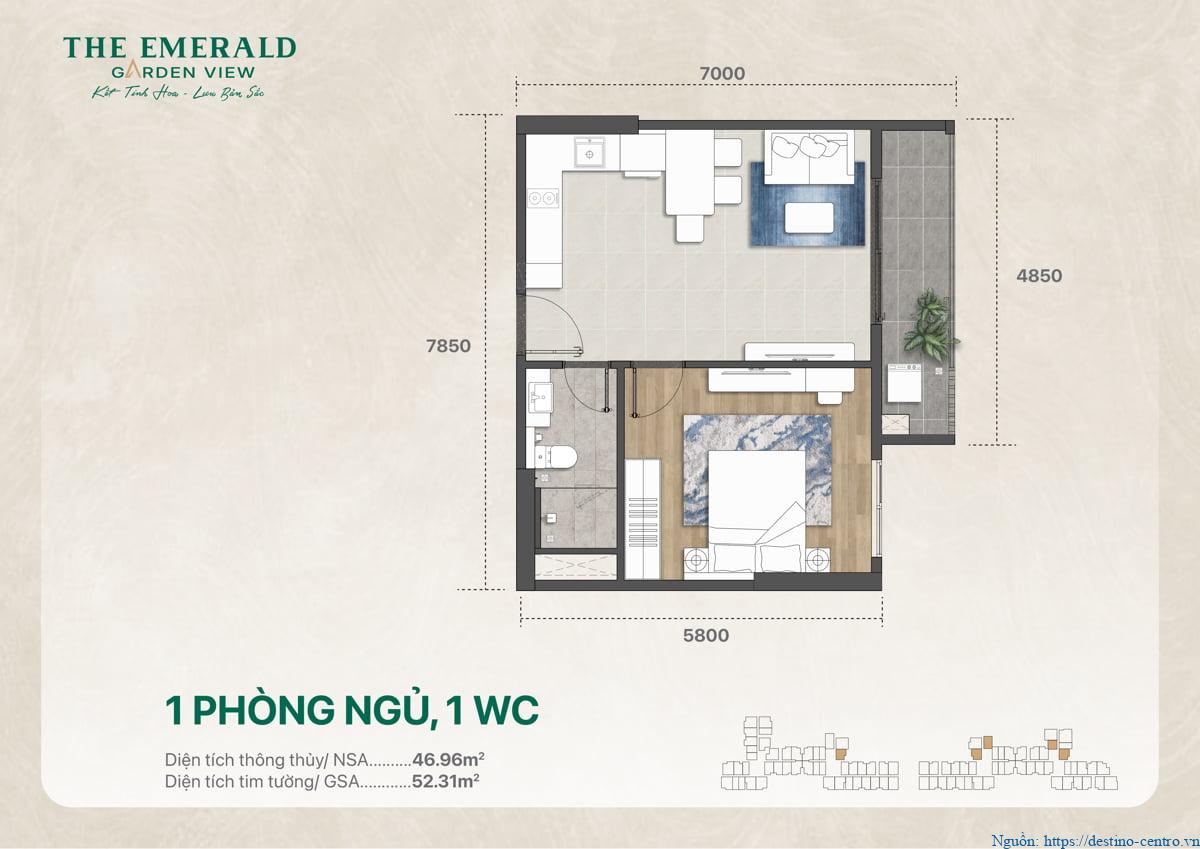 Mặt bằng thiết kế căn hộ 1 phòng ngủ 1 vệ sinh, diện tích 52m2
