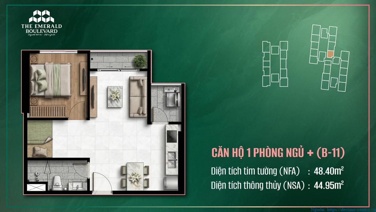 Mặt bằng thiết kế căn hộ 1PN Plus B-11 thuộc dự án The Emerald Boulevard, bố trí không gian chức năng rõ ràng