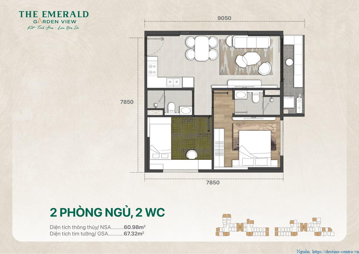 Mặt bằng thiết kế căn hộ 2 phòng ngủ, 2 phòng tắm, diện tích 67 mét vuông