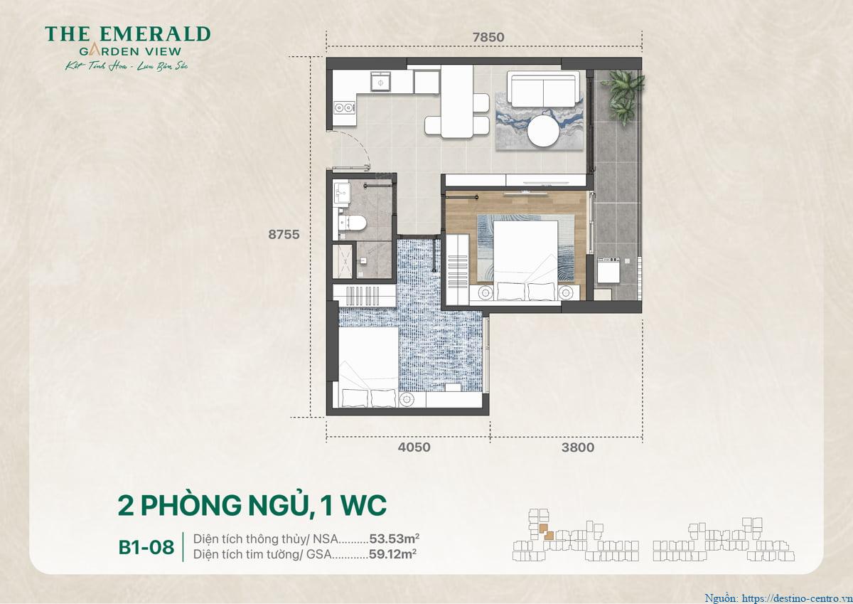 Mặt bằng thiết kế căn hộ 2PN 1WC mã B1-08 diện tích 59 m2 thể hiện bố cục phòng và tỉ lệ không gian