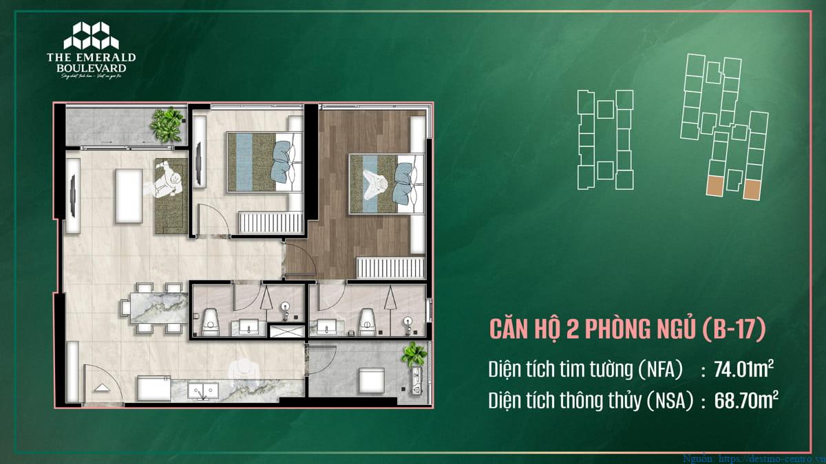 Mặt bằng thiết kế căn hộ 2PN B-17 The Emerald Boulevard