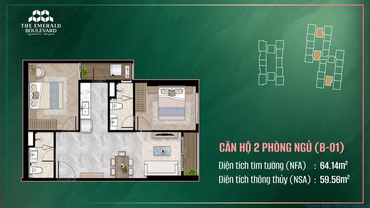 Mặt bằng và bố trí nội thất căn hộ 2 phòng ngủ B-01 thuộc dự án The Emerald Boulevard