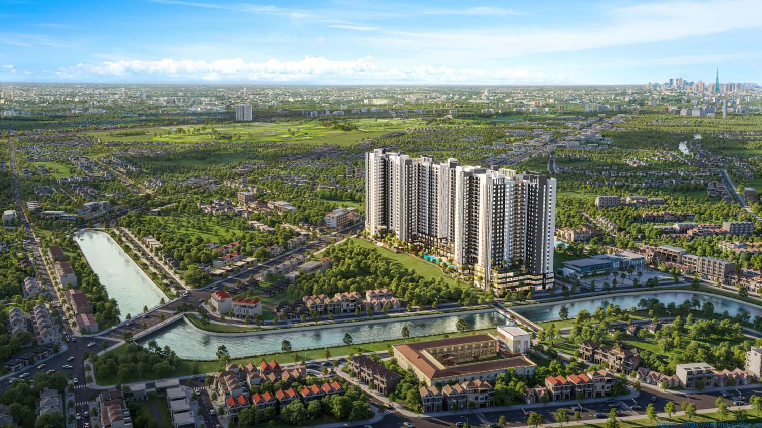 Phối cảnh dự án The Emerald Garden thể hiện mặt tiền dọc đường Nguyễn Chí Thanh cùng hướng tầm nhìn mở ra sông Búng