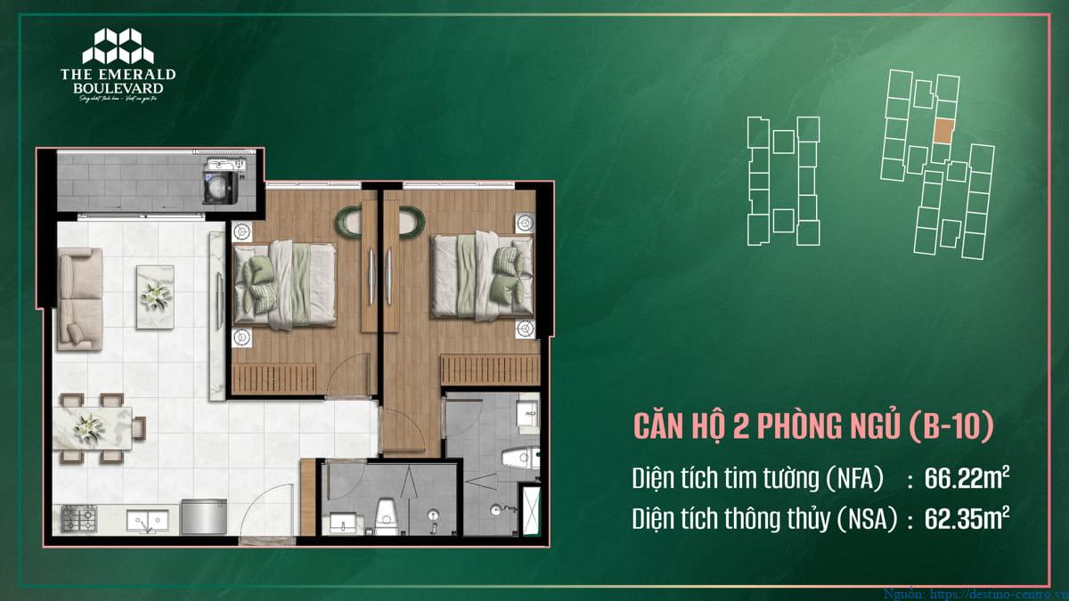 Phối cảnh thiết kế nội thất căn hộ 2 phòng ngủ mã B-10 thuộc dự án The Emerald Boulevard
