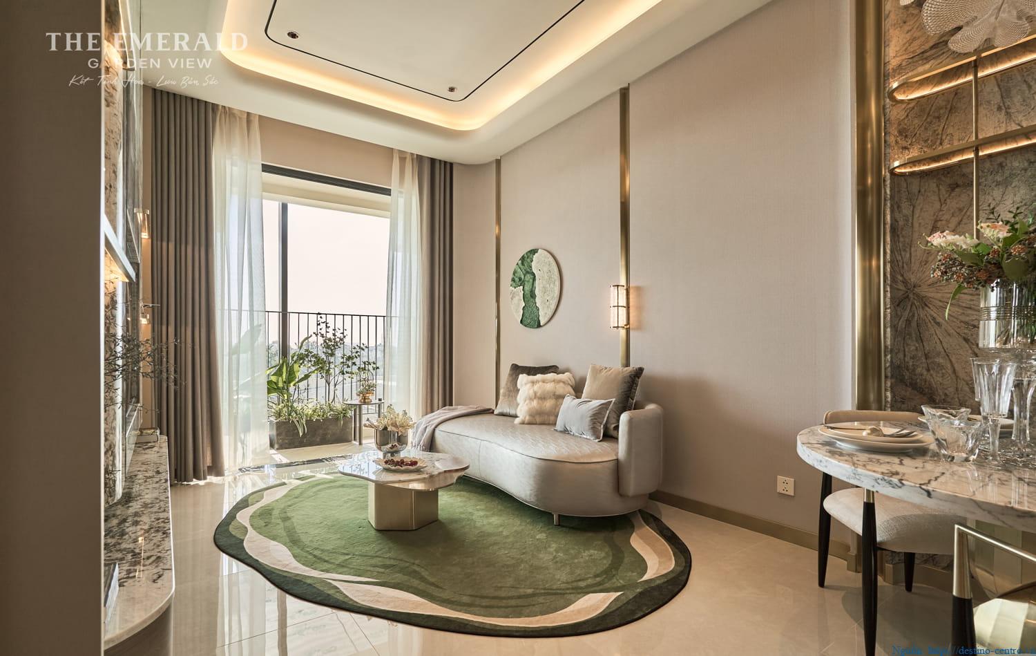 Phòng khách căn hộ 2PN The Emerald Garden nhìn ban công