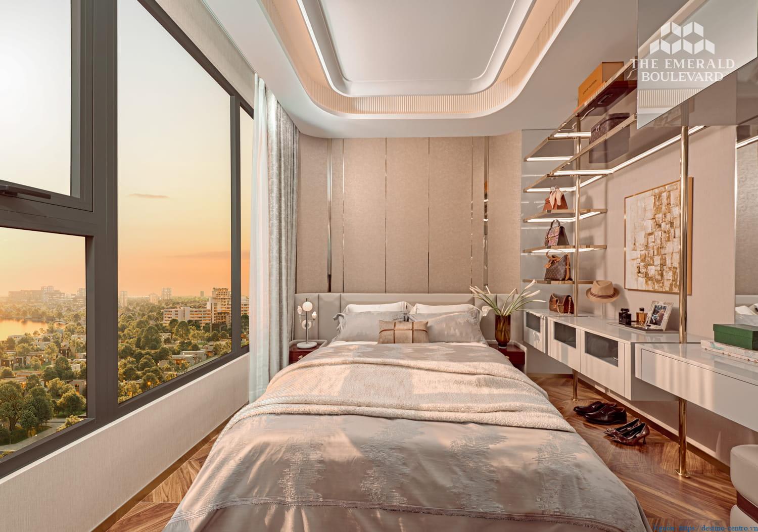 Phòng ngủ căn hộ mẫu 3 phòng ngủ thuộc dự án The Emerald Boulevard, bên trong căn hộ mẫu