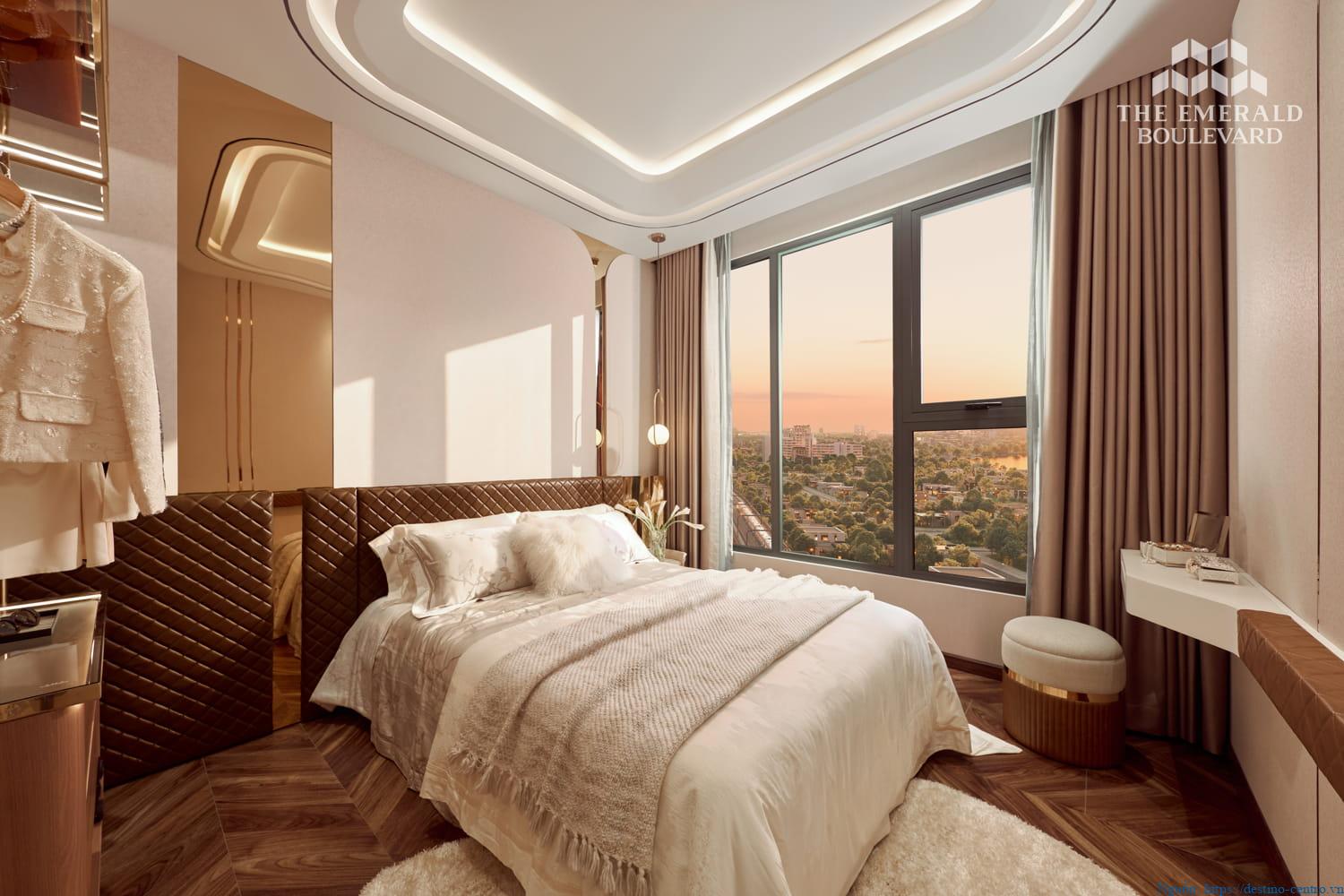 Phòng ngủ thuộc căn hộ mẫu 2PN The Emerald Boulevard, nằm trong dự án cùng tên