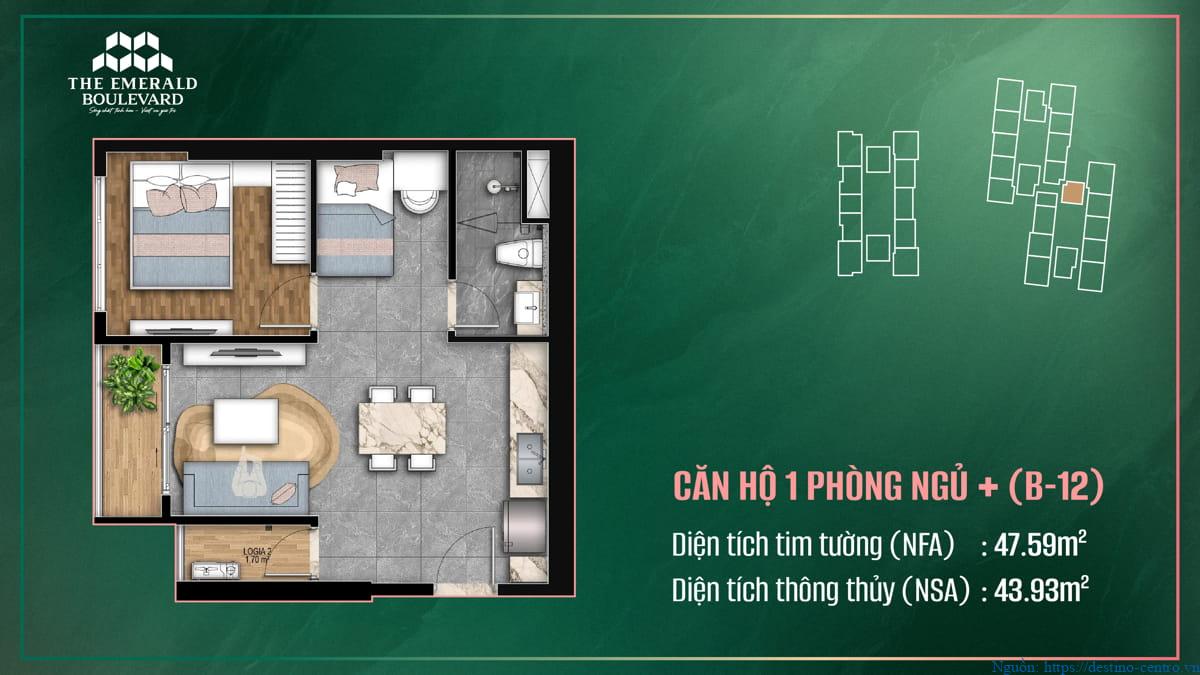 Phương án thiết kế căn hộ 1PN Plus B-12 tại dự án The Emerald Boulevard, thể hiện bố cục và phân chia không gian