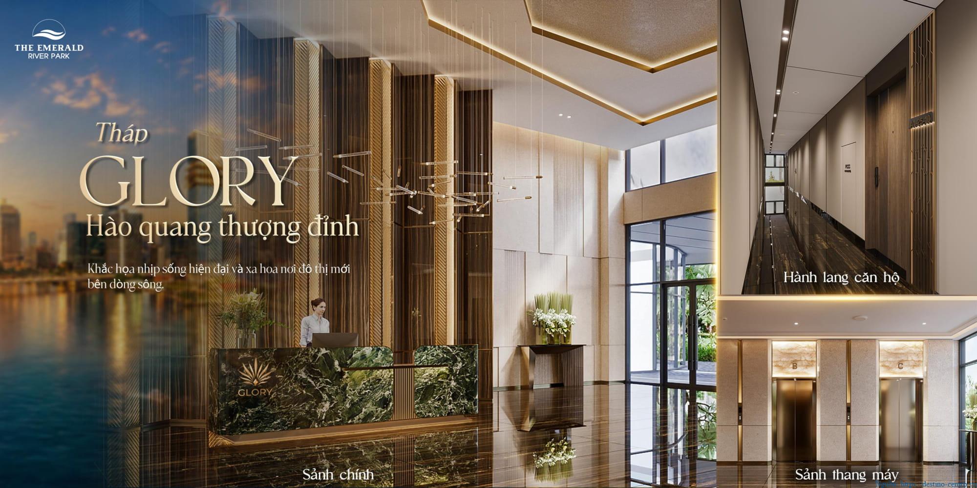 Sảnh chính, hành lang căn hộ và khu sảnh thang máy thuộc Tháp Glory The Emerald River Park