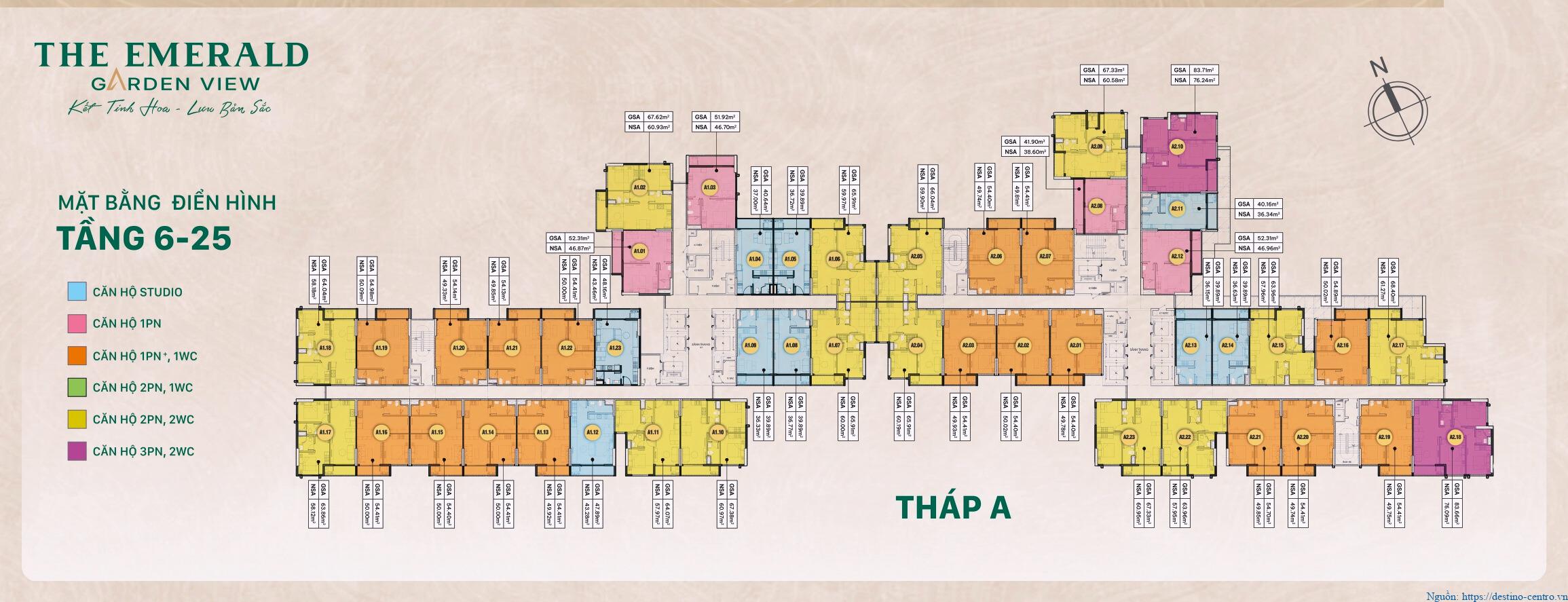 Sơ đồ Tháp A The Emerald Garden View tầng 6-25 thể hiện vị trí, mã, diện tích từng loại căn