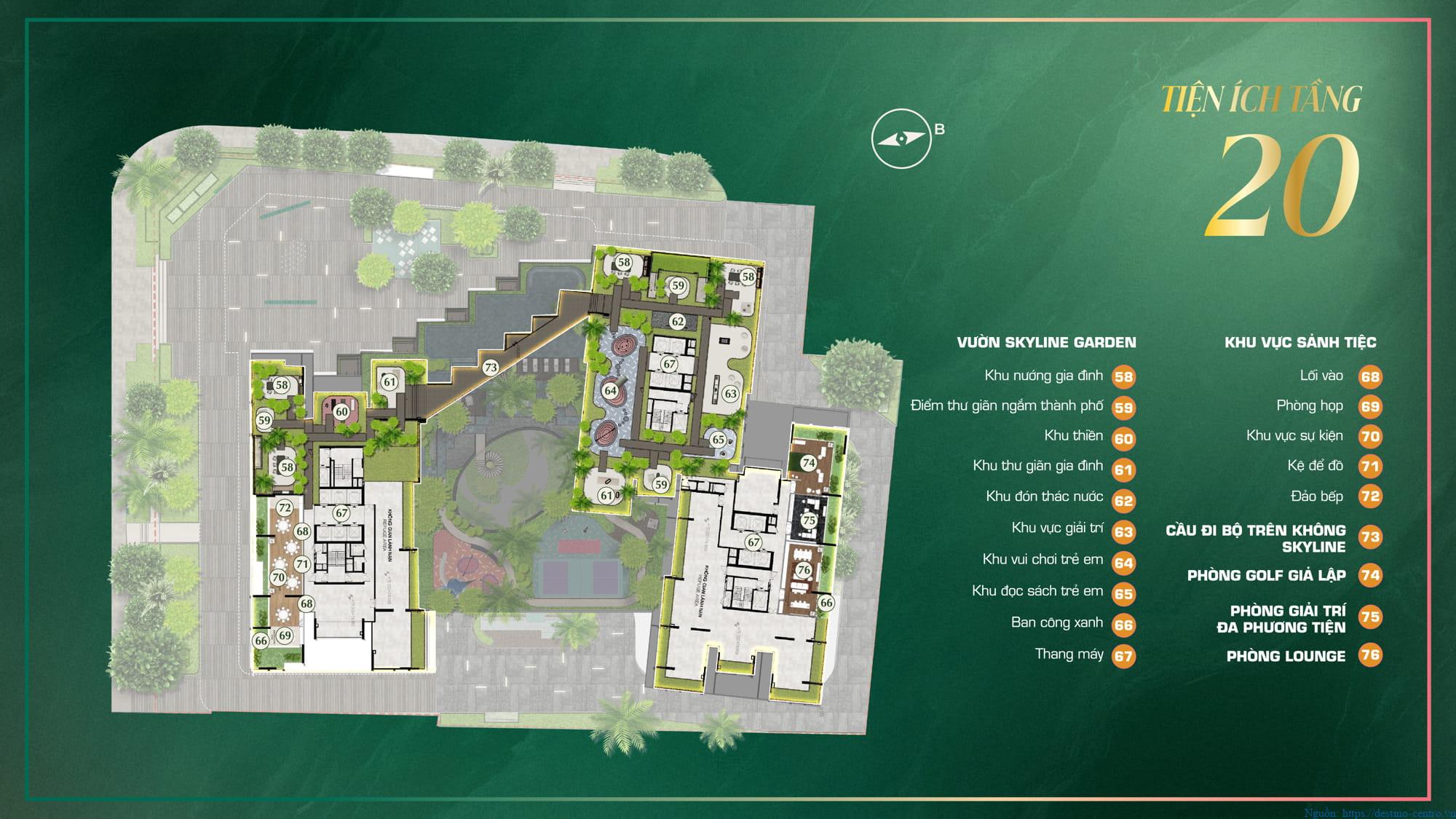 Sơ đồ bố trí tiện ích tầng 20 dự án The Emerald Boulevard, thể hiện vị trí các khu chức năng và lối đi