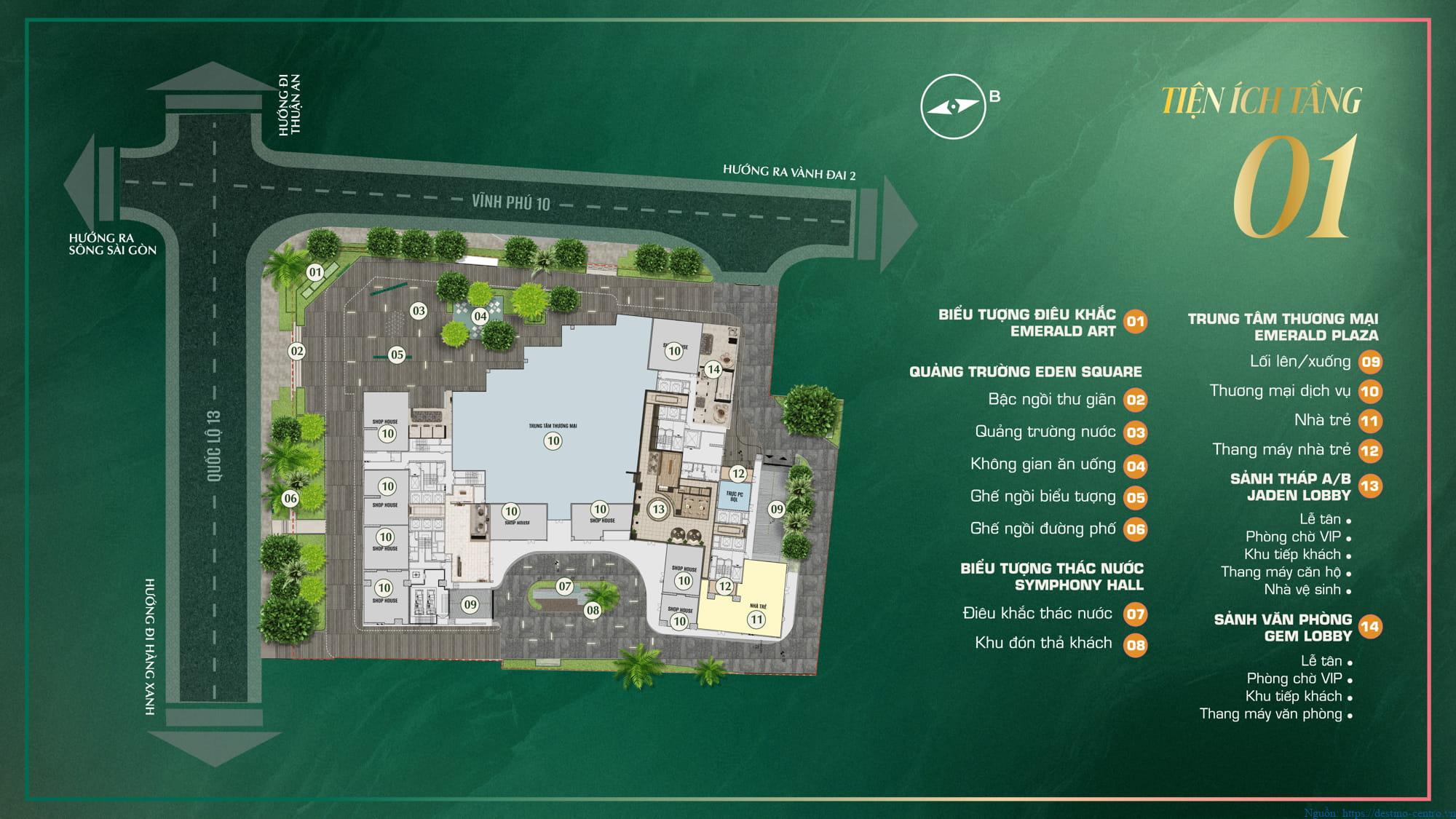 Sơ đồ mặt bằng chi tiết bố trí toàn bộ tiện ích tại tầng 1 dự án The Emerald Boulevard