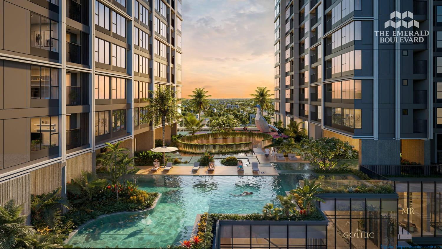 Tầng 5 The Emerald Boulevard bố trí tổ hợp tiện ích gồm cụm hồ bơi, khu thể thao và không gian thư giãn