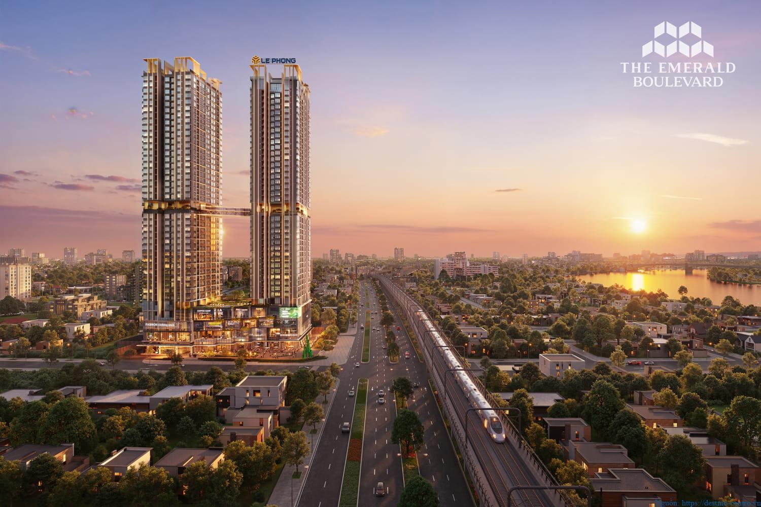 The Emerald Boulevard lúc chiều, góc nhìn hướng về quốc lộ 13, tuyến Metro và dòng sông