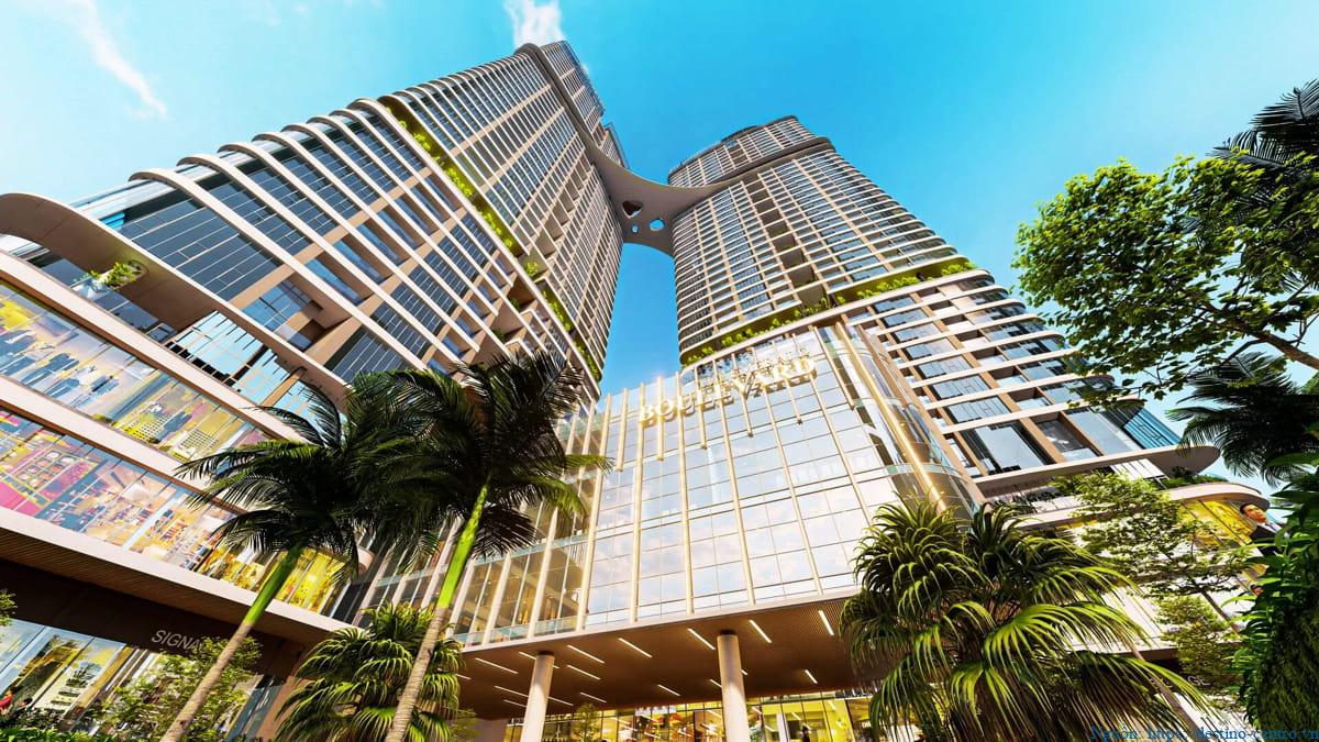 The Emerald Boulevard phối cảnh nhìn từ dưới lên, thể hiện dãy tòa nhà, đường và cây xanh