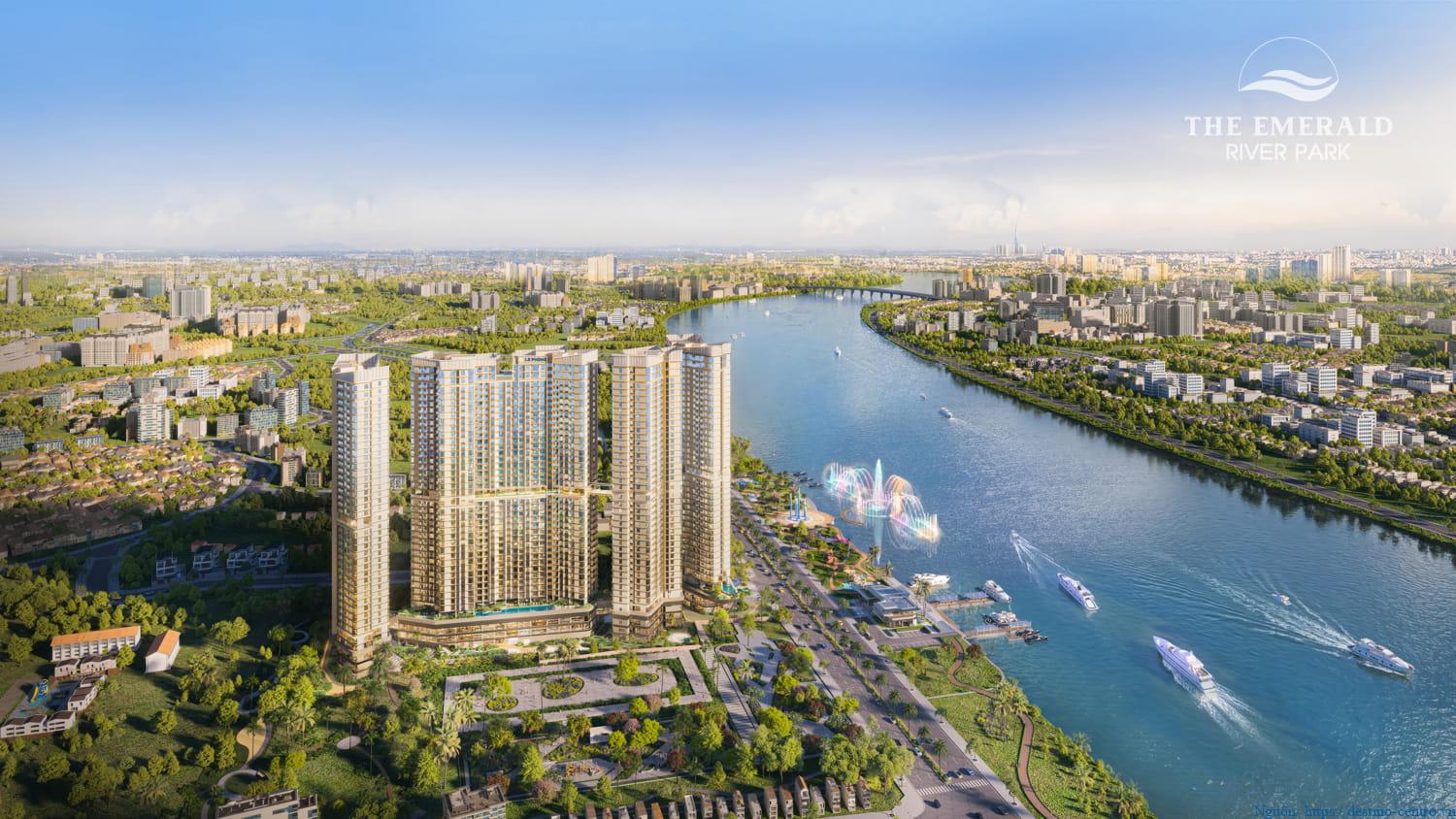 The Emerald River Park bên sông lớn, quảng trường nhạc nước và bến du thuyền hiện rõ
