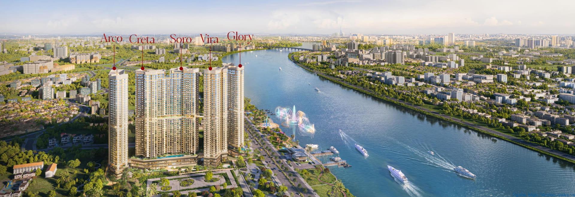 The Emerald River Park nhìn ra sông, gồm năm tháp tên Arco, Creta, Soro, Vira, Glory