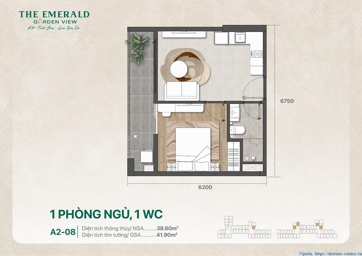 Thiết kế căn hộ 1PN 1WC A2-08, diện tích 41 m2