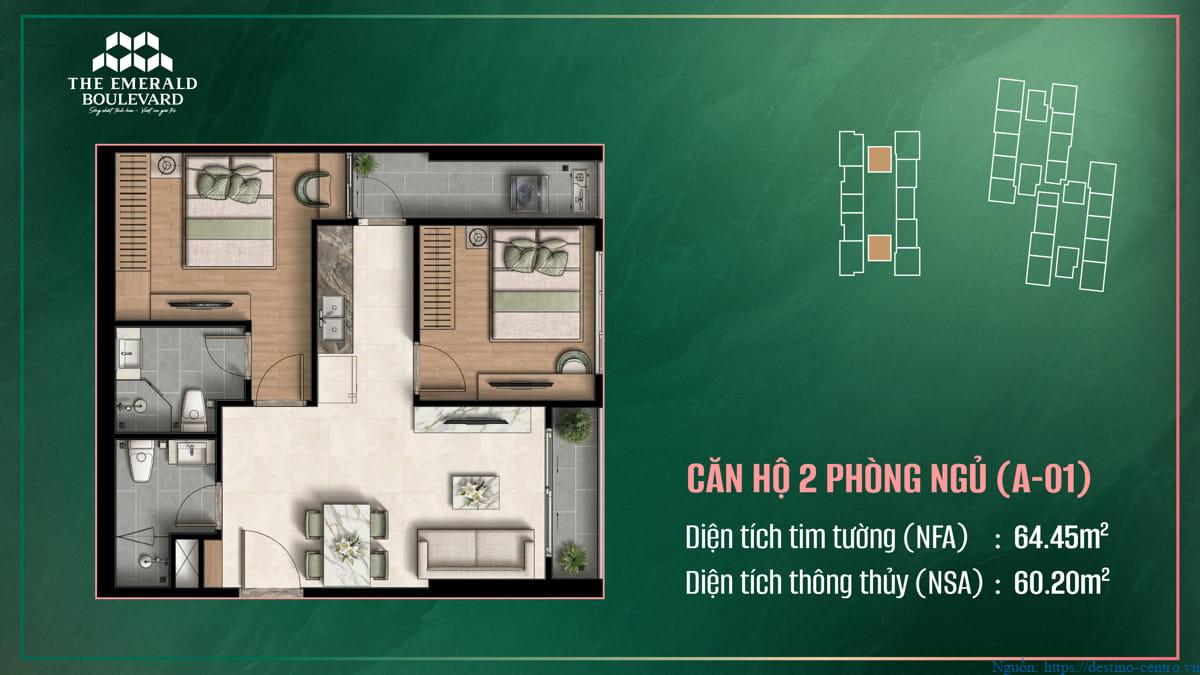 Thiết kế căn hộ 2 phòng ngủ A-01 tại The Emerald Boulevard, cấu trúc và phân chia không gian