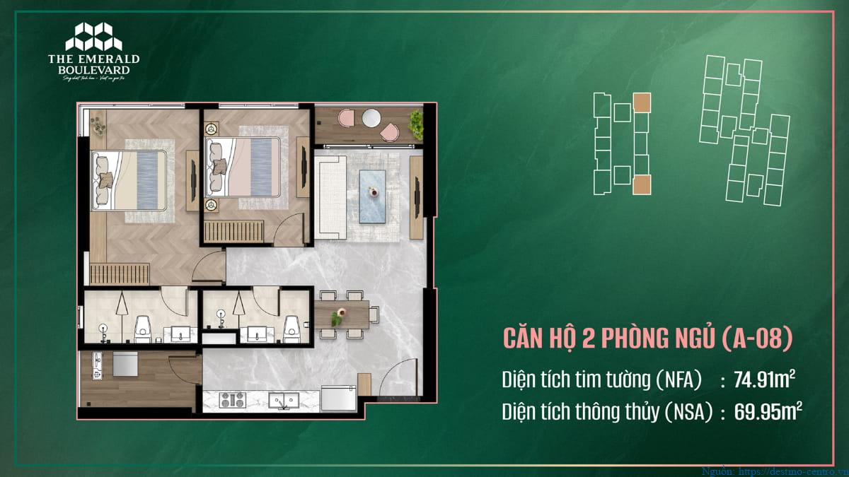 Thiết kế căn hộ 2 phòng ngủ A-08 thuộc dự án The Emerald Boulevard
