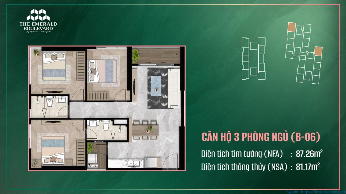 Thiết kế căn hộ 3 phòng ngủ B-06 tại The Emerald Boulevard, bố cục phòng khách, bếp và phòng ngủ tối ưu