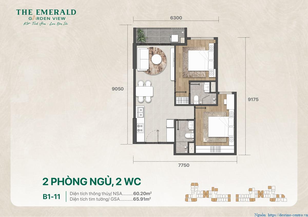Thiết kế căn hộ B1-11 hai phòng ngủ, hai phòng tắm, diện tích sử dụng 65 m2 chi tiết