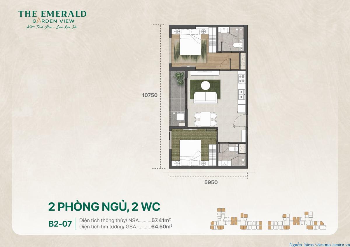 Thiết kế căn hộ B2-07 2 phòng ngủ 2 vệ sinh 64 m2