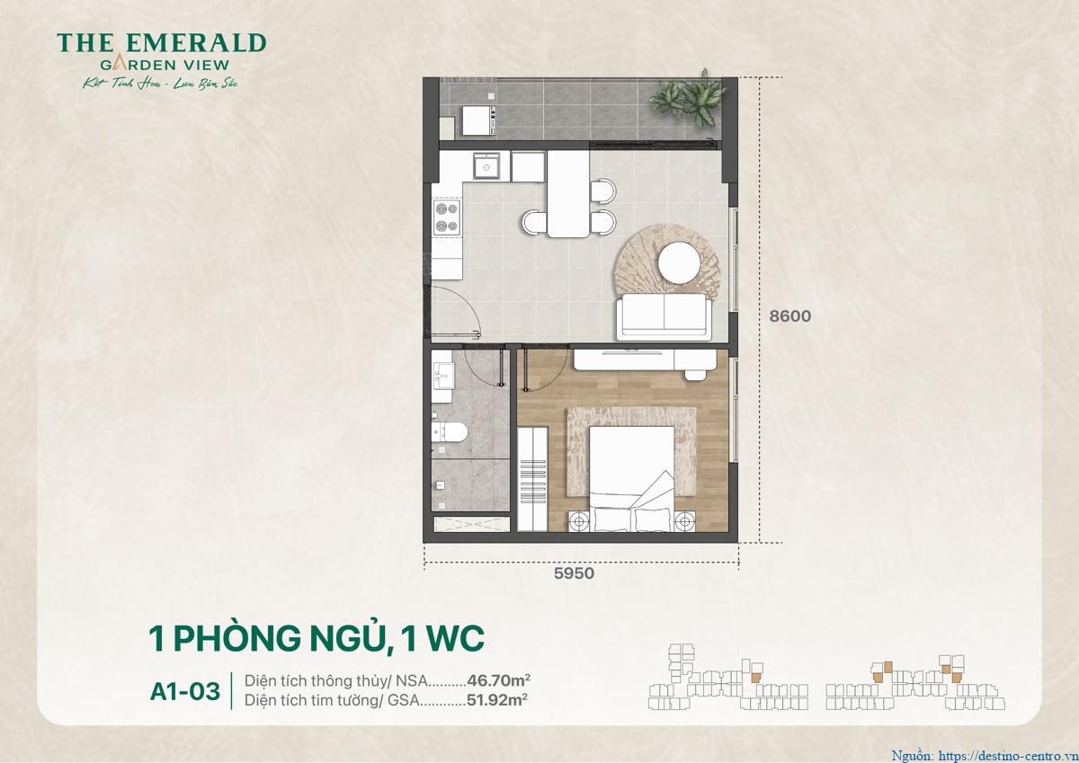Thiết kế mặt bằng căn A1-03 1PN 1WC 51 m2