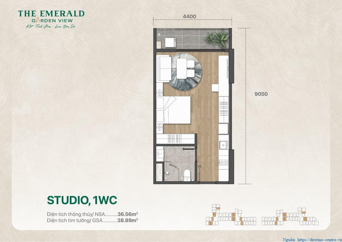 Thiết kế mặt bằng căn studio 1WC, diện tích 38 m2