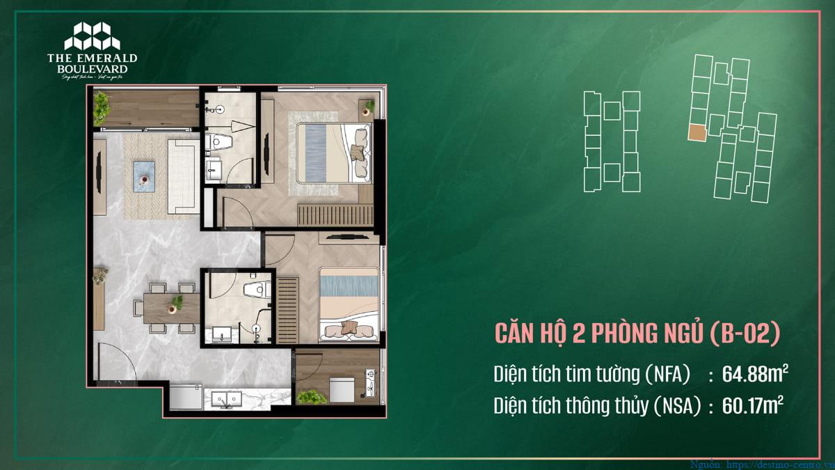 Thiết kế nội thất căn 2 phòng ngủ B-02 The Emerald Boulevard