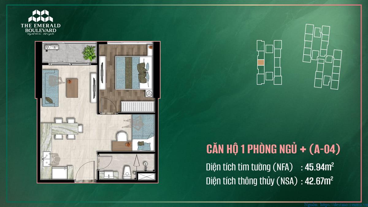 Thiết kế nội thất căn hộ 1PN Plus A-04 dự án The Emerald Boulevard