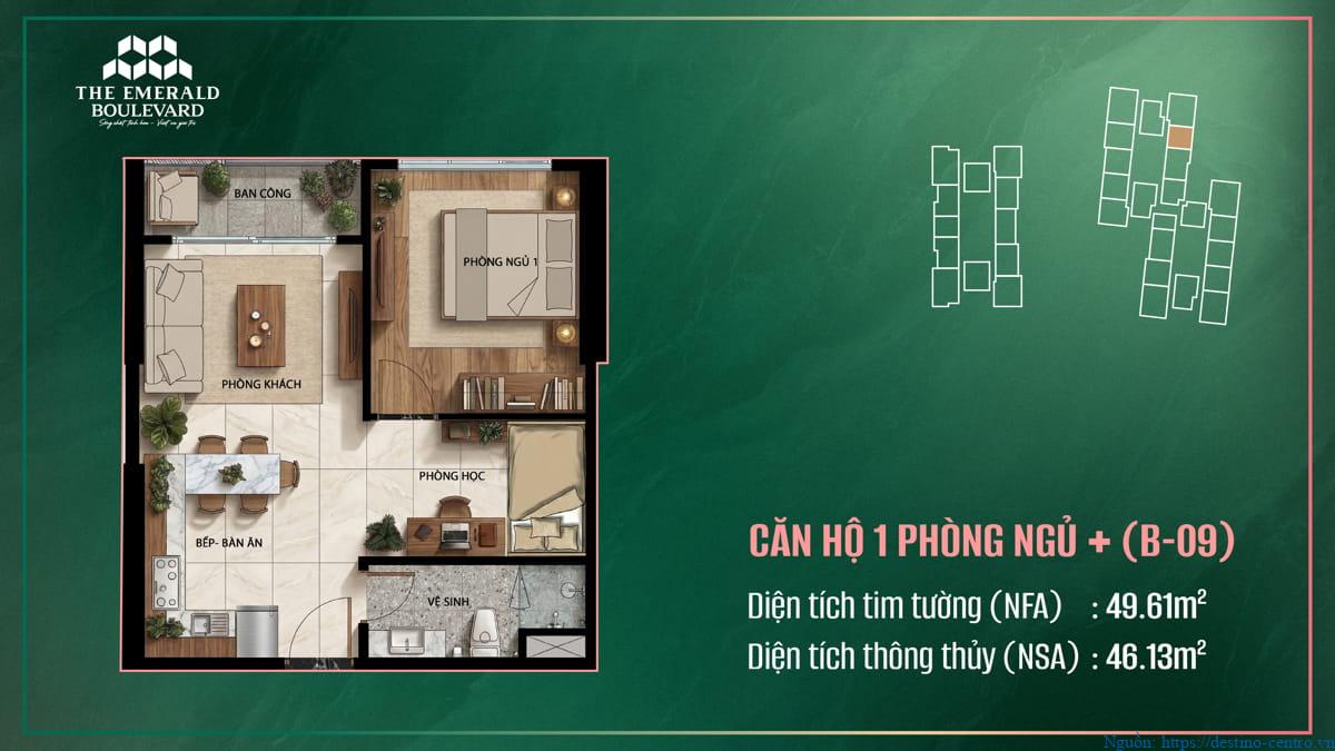 Thiết kế nội thất căn hộ 1PN Plus mã B-09 thuộc dự án The Emerald Boulevard