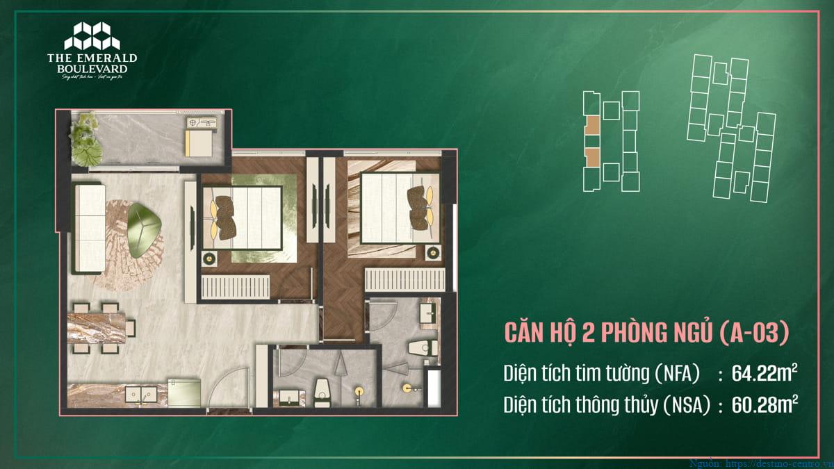 Thiết kế nội thất căn hộ 2 phòng ngủ A-03 tại dự án The Emerald Boulevard, bố trí tiện nghi