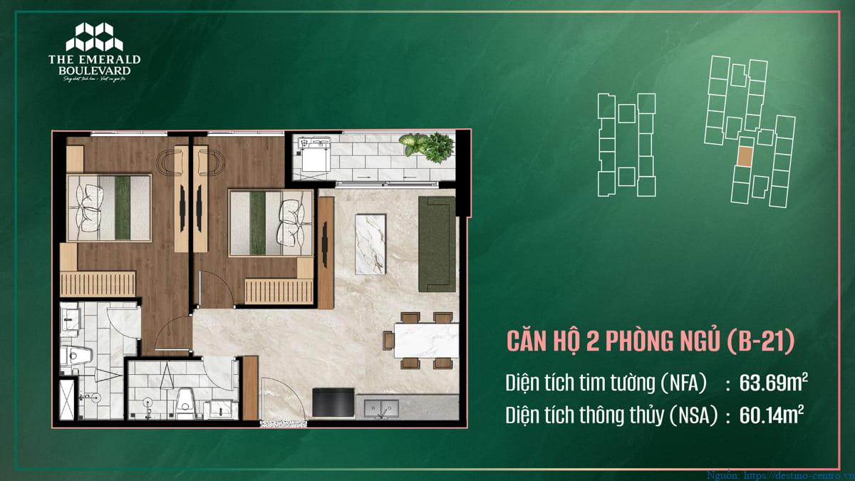 Thiết kế nội thất căn hộ 2PN B-21 The Emerald Boulevard