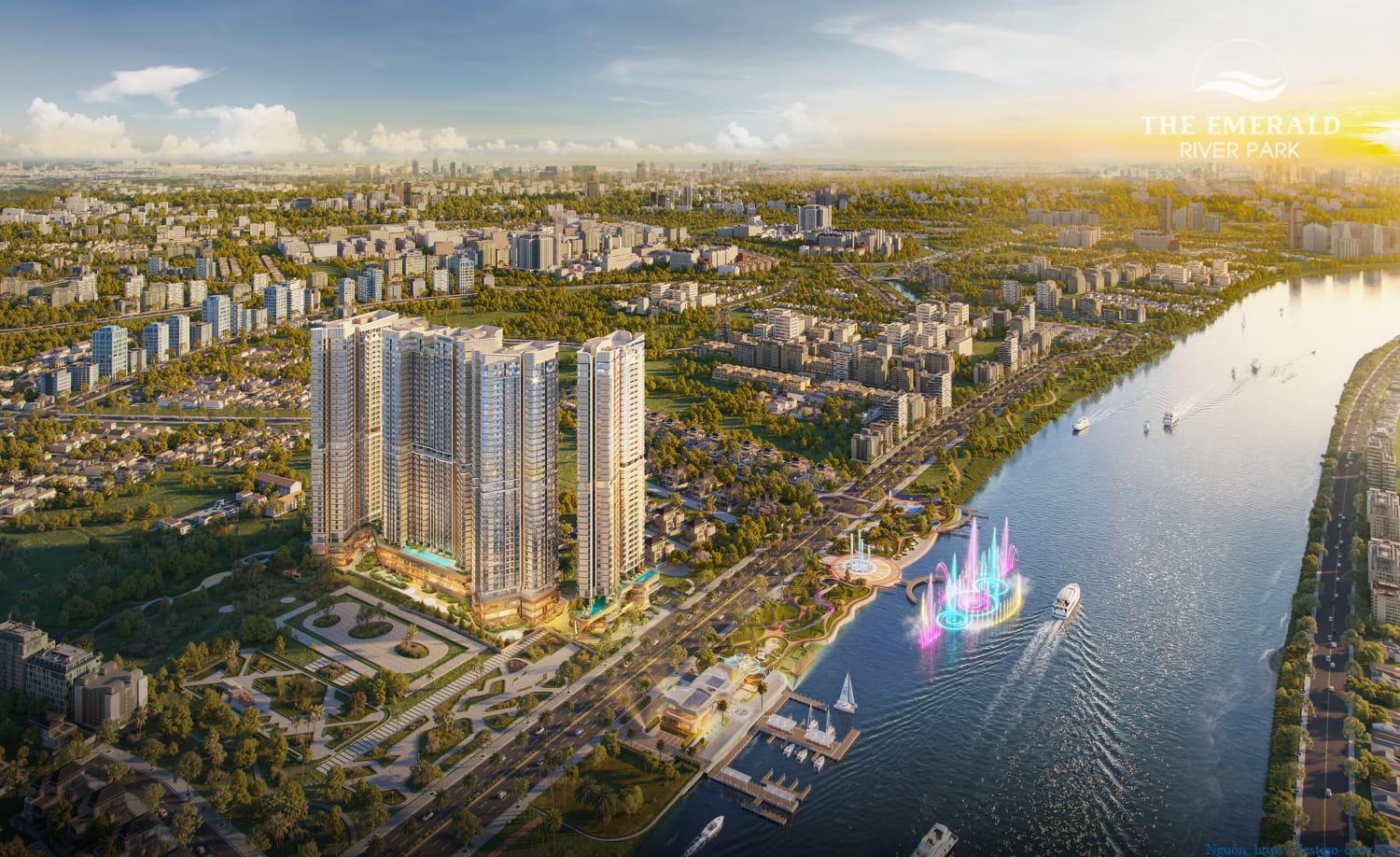 Toàn cảnh The Emerald River Park bến du thuyền và quảng trường nhạc nước ven sông